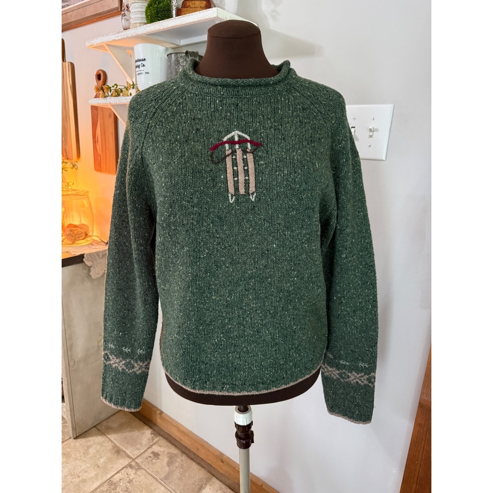 Woolrich Womens Green Marled Knit Sled Embroidery Sweater Raglan Small Vintage
